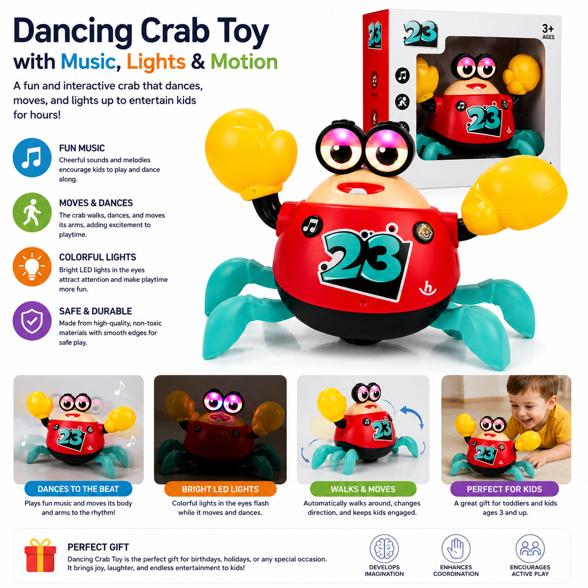 Dancing crab toy with music, lights and movement.