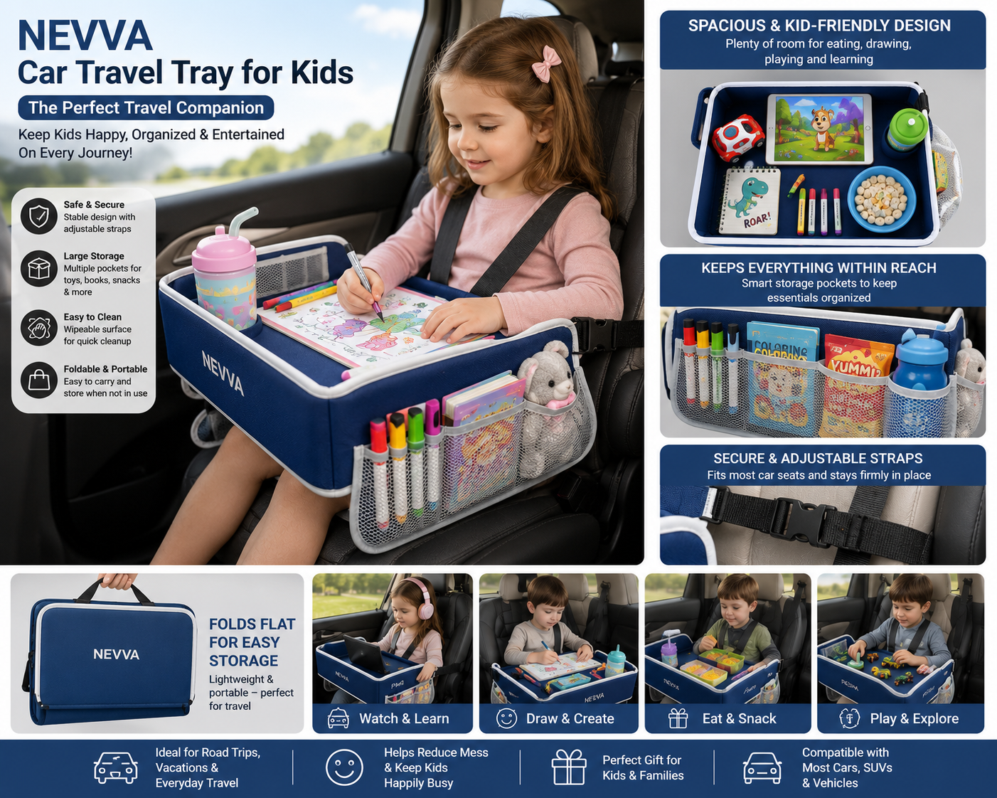 NEVVA Car Travel Tray for Kids – Foldable Backseat Activity Table with