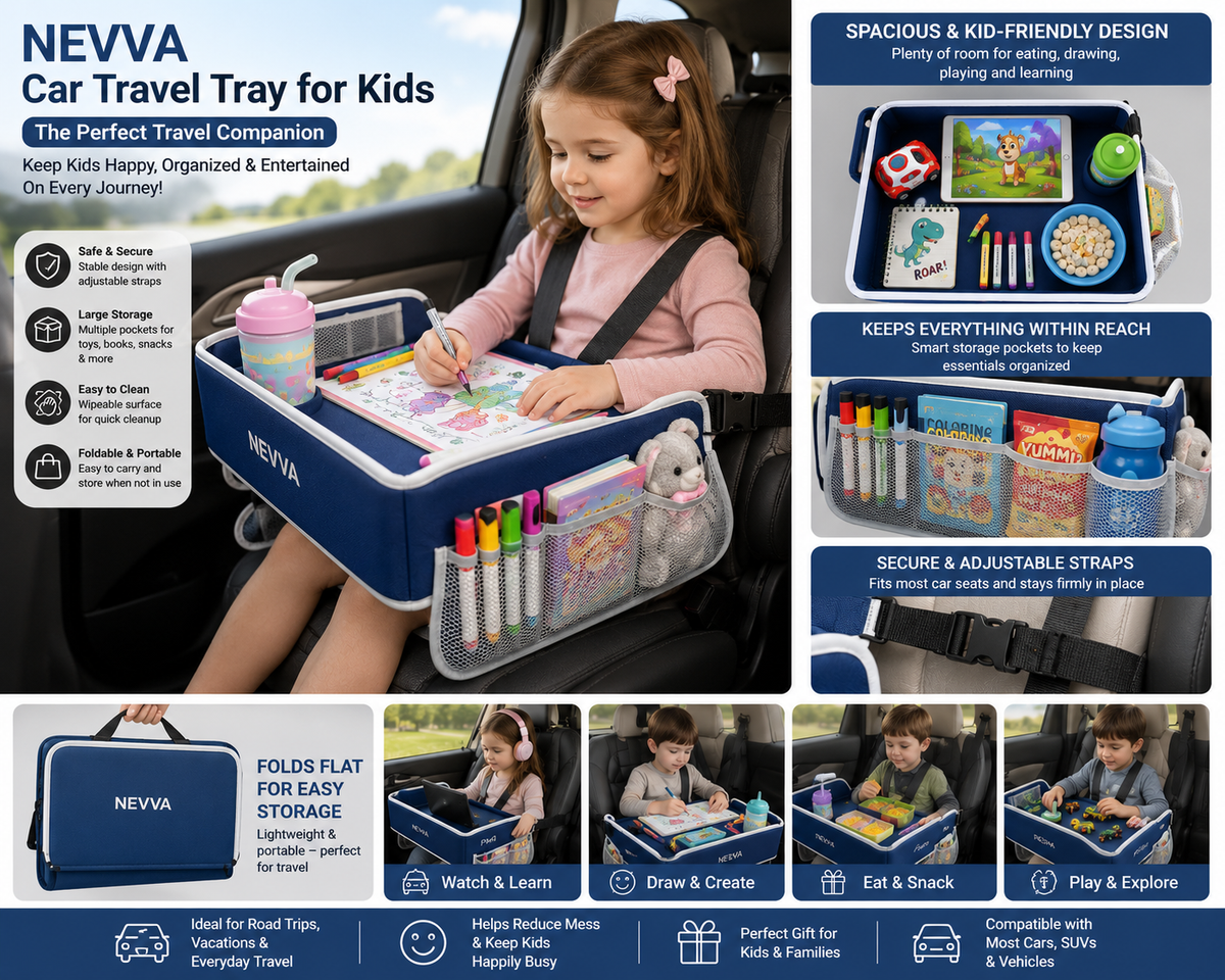 NEVVA Car Travel Tray for Kids – Foldable Backseat Activity Table with