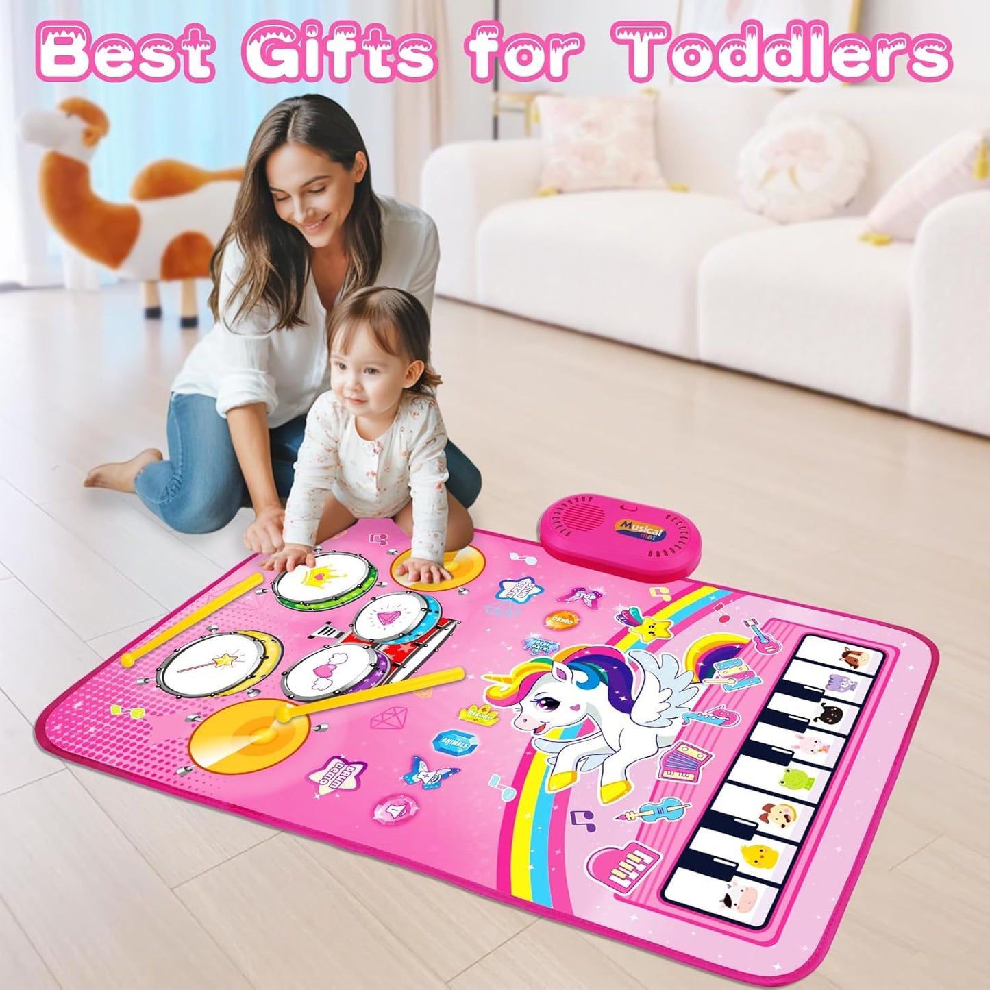 🦄 Alfombra de juego musical 3 en 1 de unicornio: piano, tambor y juguetes con sonidos de animales para niños pequeños.