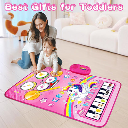 🦄 Alfombra de juego musical 3 en 1 de unicornio: piano, tambor y juguetes con sonidos de animales para niños pequeños.