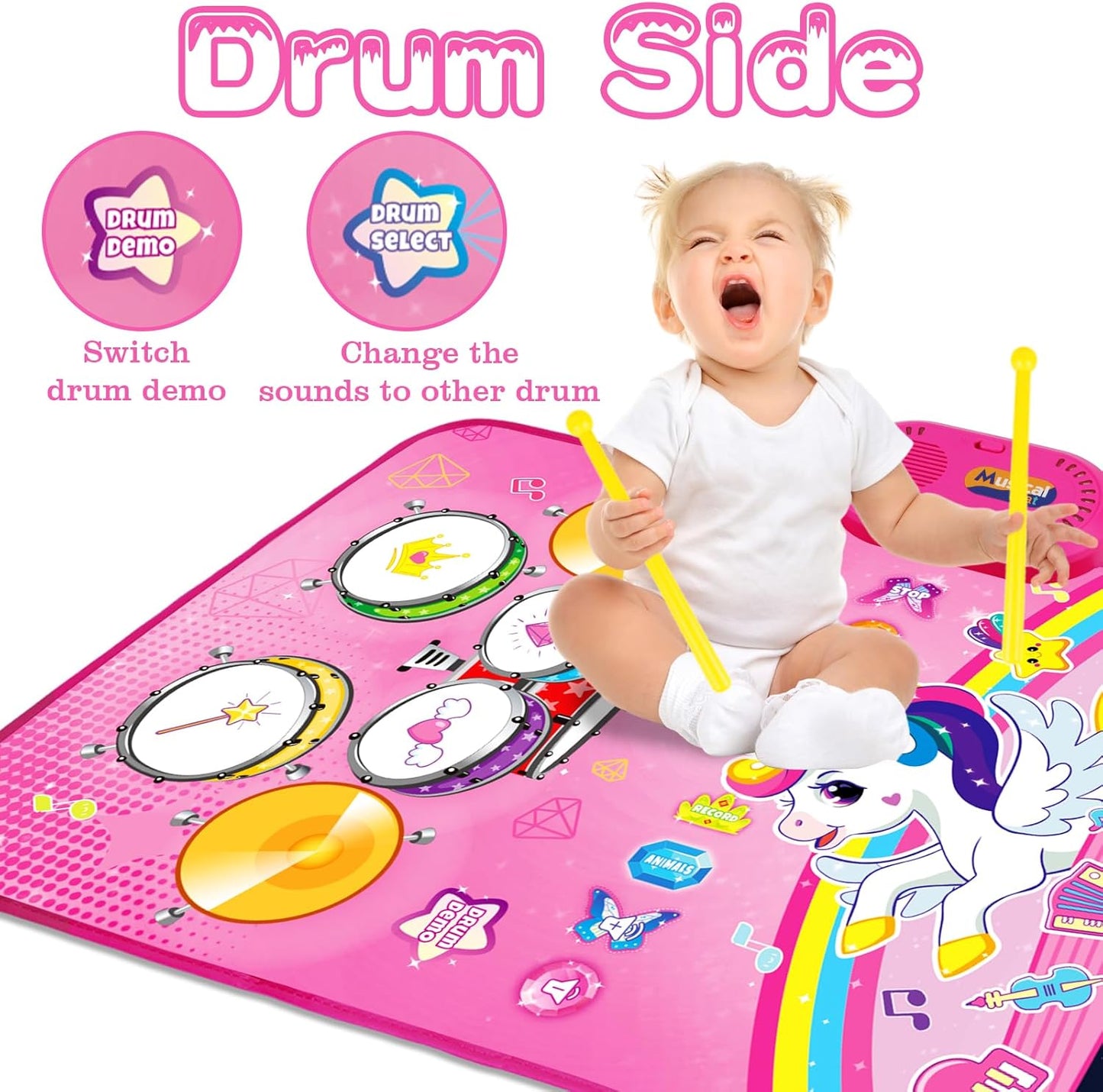 🦄 Alfombra de juego musical 3 en 1 de unicornio: piano, tambor y juguetes con sonidos de animales para niños pequeños.