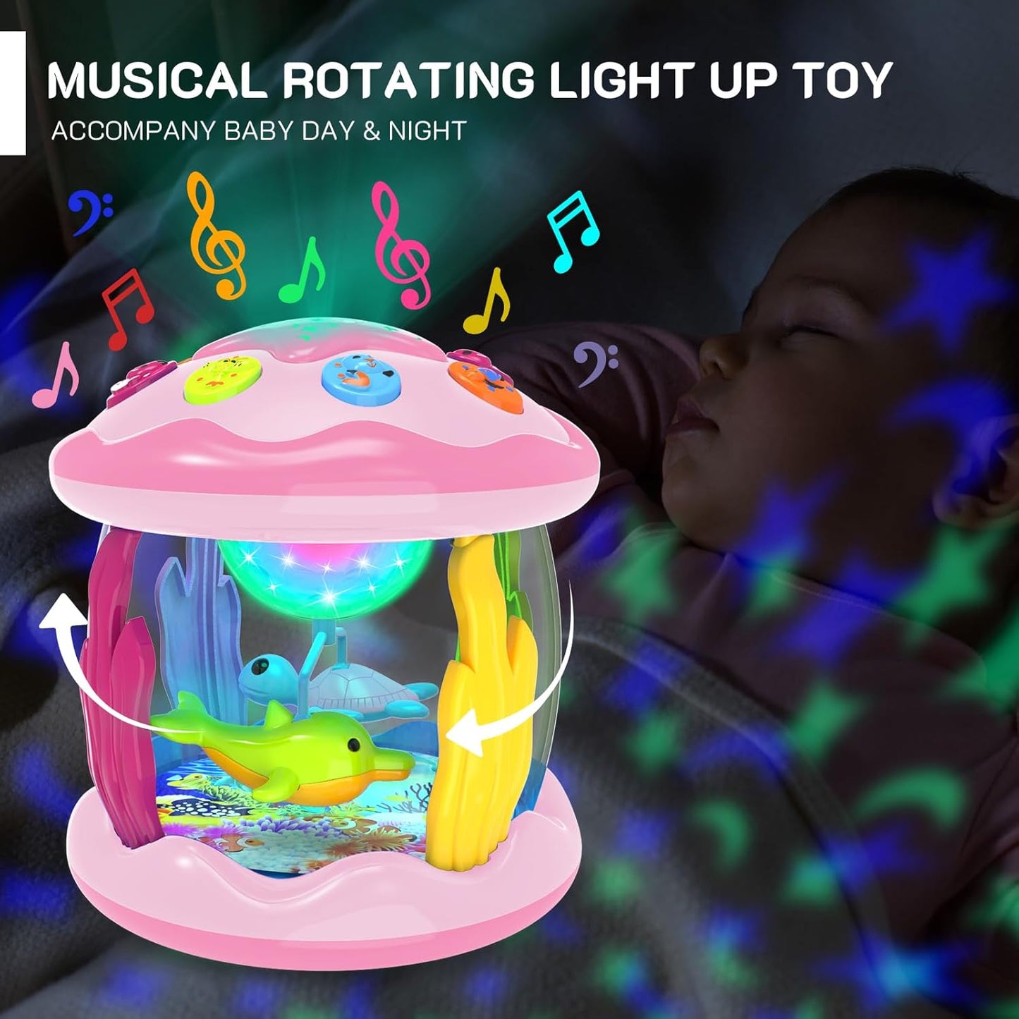🌊✨ Proyector de luz musical giratorio con temática oceánica 🎵 | Estimula las habilidades visuales, auditivas y de gateo de los bebés 🍼