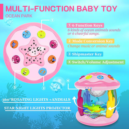 🌊✨ Proyector de luz musical giratorio con temática oceánica 🎵 | Estimula las habilidades visuales, auditivas y de gateo de los bebés 🍼