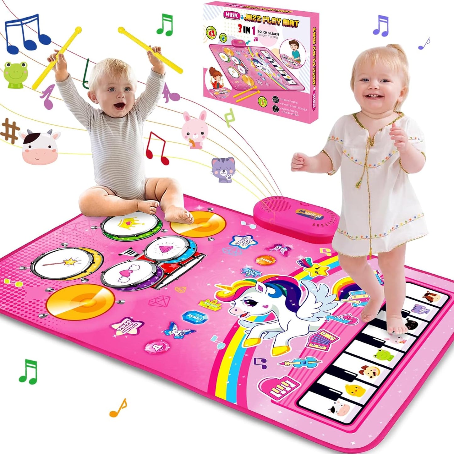 🦄 Alfombra de juego musical 3 en 1 de unicornio: piano, tambor y juguetes con sonidos de animales para niños pequeños.