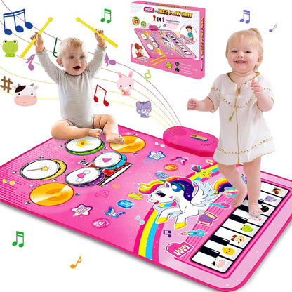 🦄 Alfombra de juego musical 3 en 1 de unicornio: piano, tambor y juguetes con sonidos de animales para niños pequeños.