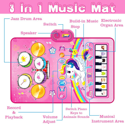 🦄 Alfombra de juego musical 3 en 1 de unicornio: piano, tambor y juguetes con sonidos de animales para niños pequeños.