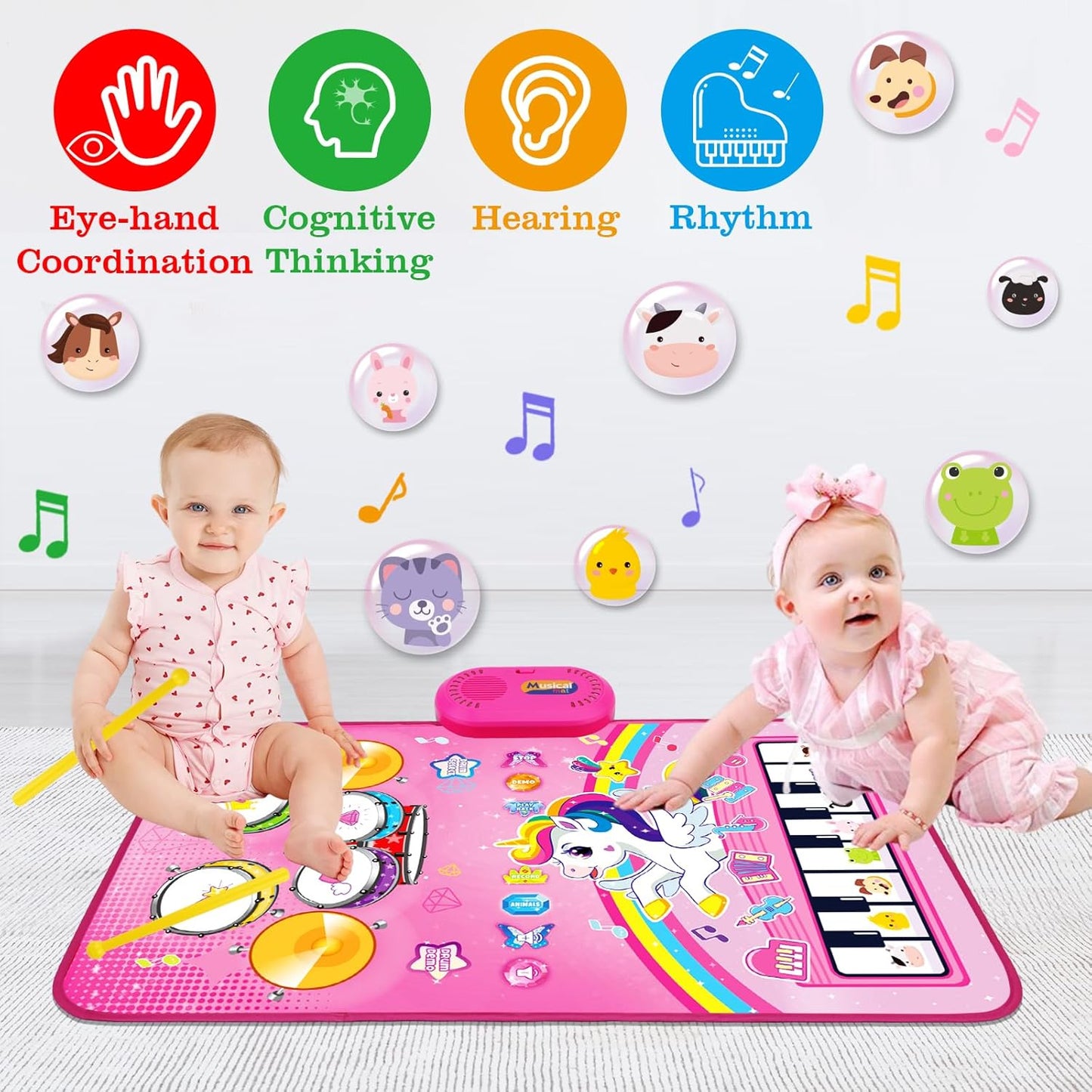 🦄 Alfombra de juego musical 3 en 1 de unicornio: piano, tambor y juguetes con sonidos de animales para niños pequeños.
