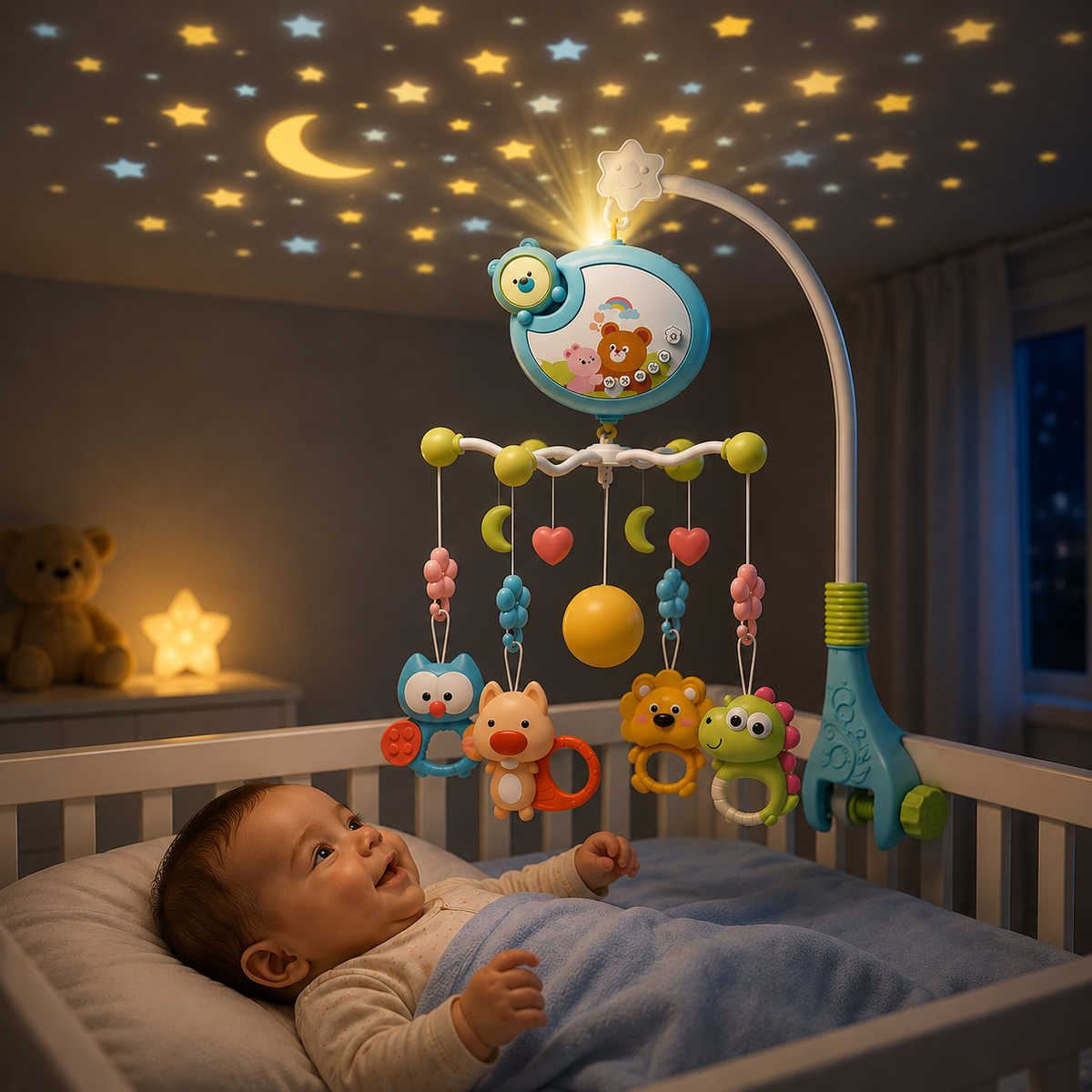 Remote Control Baby Crib Mobile with Musical Projector and Rattles
