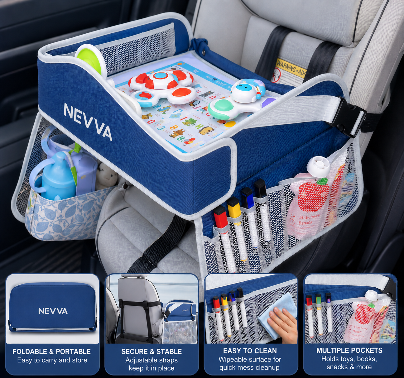 NEVVA Car Travel Tray for Kids – Foldable Backseat Activity Table with