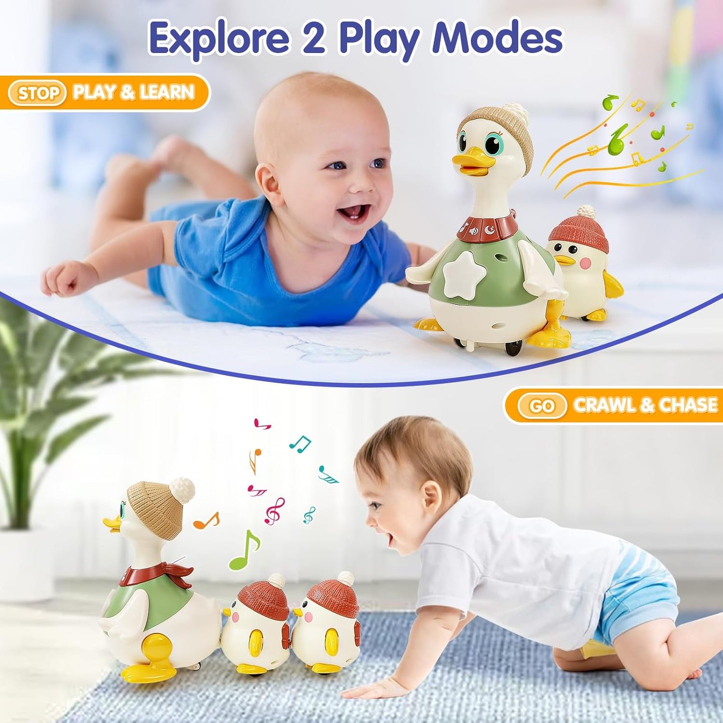 "Juguete musical de patitos que caminan 🦆 | Set de patitos bebés que se iluminan para gatear y jugar boca abajo (paquete de 3)"