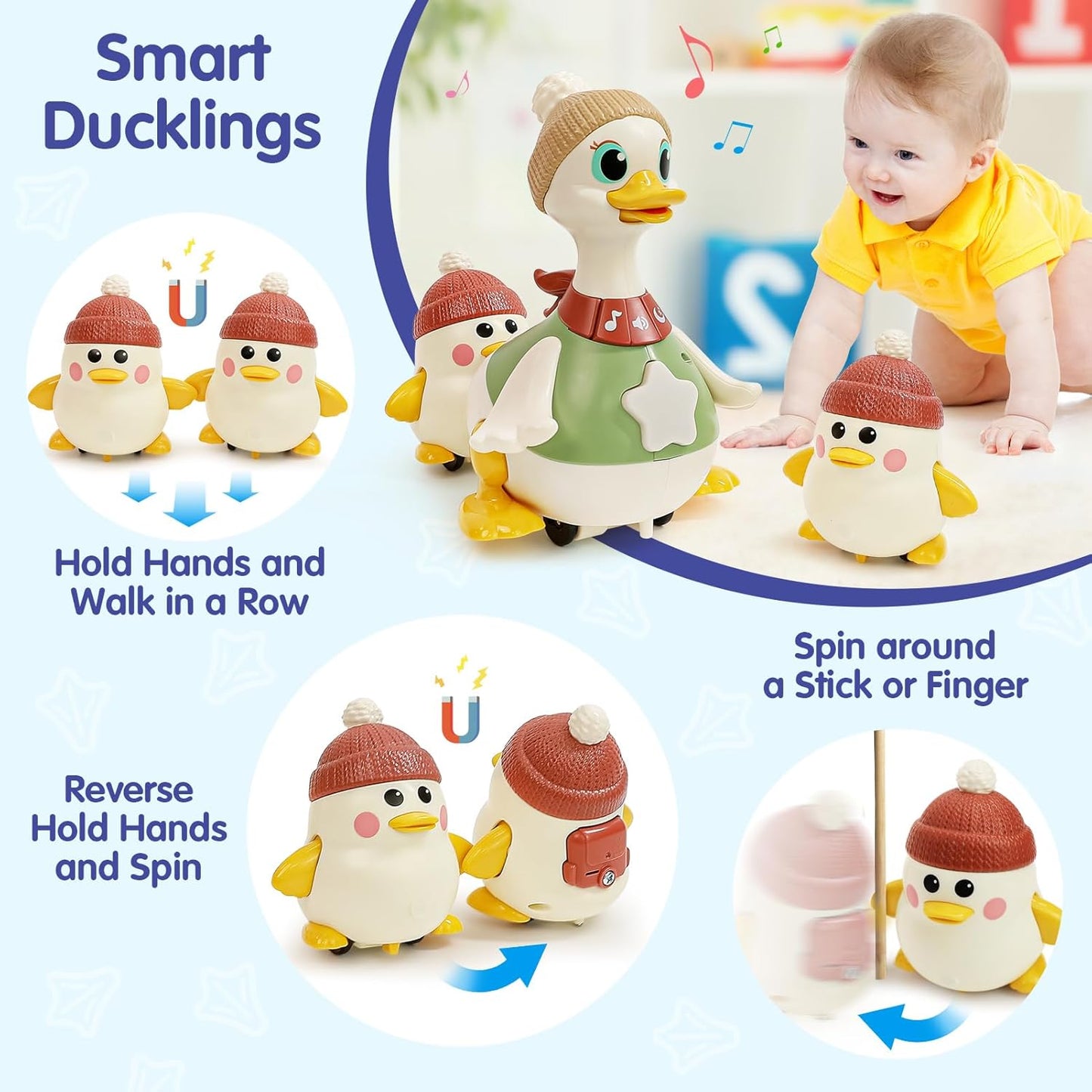 "Juguete musical de patitos que caminan 🦆 | Set de patitos bebés que se iluminan para gatear y jugar boca abajo (paquete de 3)"