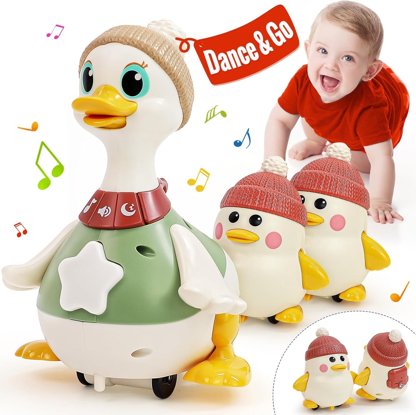 "Juguete musical de patitos que caminan 🦆 | Set de patitos bebés que se iluminan para gatear y jugar boca abajo (paquete de 3)"